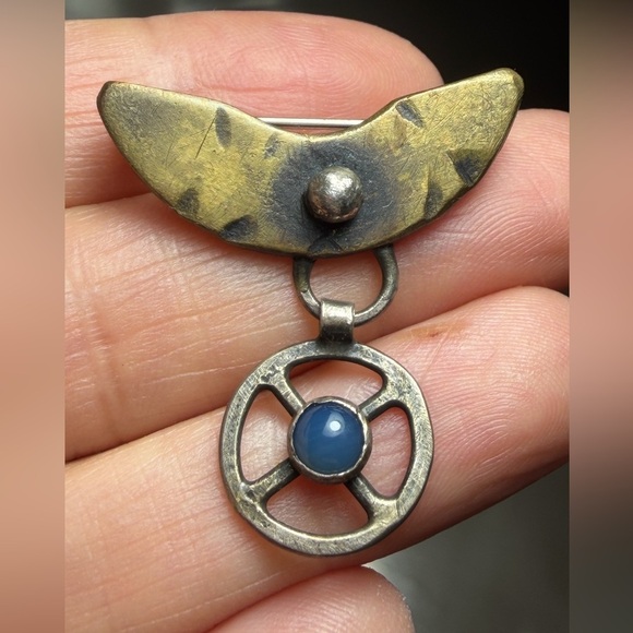 Artisan Mixed Metal Brooch with Blue Stone - Picture 3 of 9